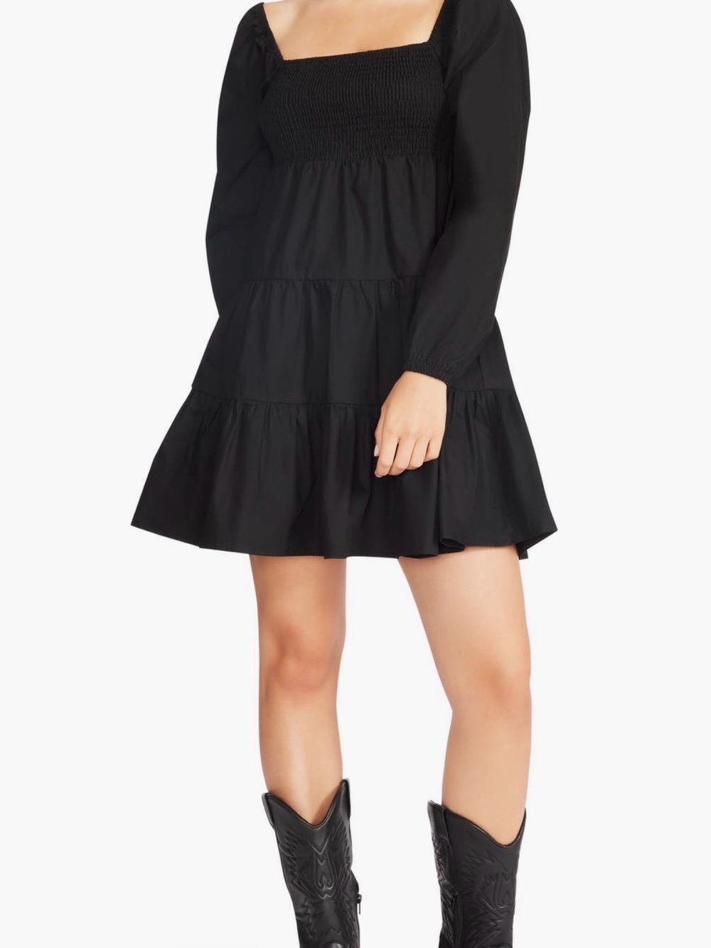Steve Madden Black Smocked Square-Neck Tiered Long-Sleeve Dress
